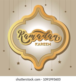 Ramadan Kareem greeting lettering. Hand sketched text with golden outline. Isolated on light background with pending stars. 