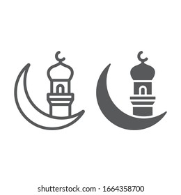Ramadan kareem greeting line and glyph icon, ramadan and religion, islamic ramadan sign, vector graphics, a linear pattern on a white background, eps 10