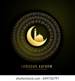 ramadan kareem greeting with moon, mosque and mandala decoration
