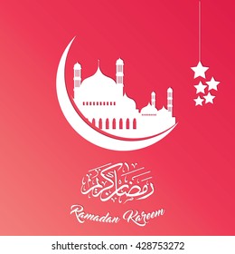 Ramadan Kareem Greeting Mosque and Arabic Calligraphy Design Elements with Red Background