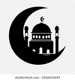 Ramadan Kareem greeting with mosque, crescent, stars and Arabic lanterns, vector banner. Islamic religious holiday Ramadan Kareem in mosque thin line art and Arabic lantern lights