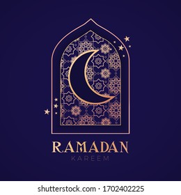 Ramadan Kareem Greeting with Mosque Door, Gold Oriental Pattern and Crescent Moon with Stars. Vector illustration