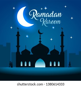Ramadan Kareem greeting with mosque and glowing crescent moon on night sky background with stars, people silhouettes . 