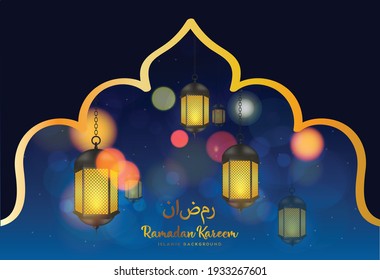 Ramadan Kareem greeting with mosque and hand drawn calligraphy lettering which means ''Ramadan kareem'' on night cloudy background. Editable Vector illustration.