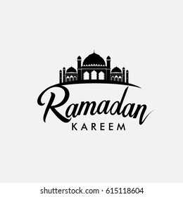 Ramadan Kareem greeting with mosque and hand drawn calligraphy lettering ''Ramadan kareem'' on white background. can be use for greeting card.
