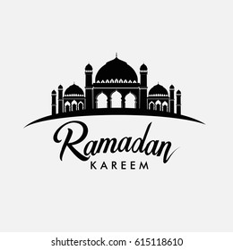 Ramadan Kareem greeting with mosque and hand drawn calligraphy lettering ''Ramadan kareem'' on white background. can be use for greeting card.