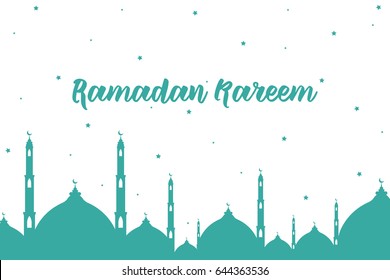 Ramadan Kareem greeting with mosque and hand drawn calligraphy lettering on night cityscape background. Vector illustration eps 10.