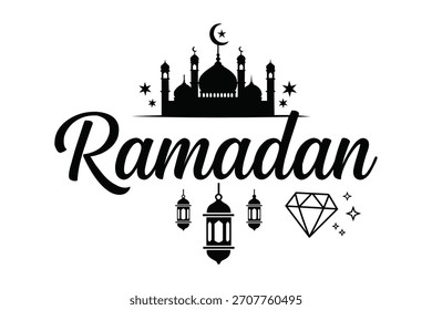 Ramadán kareem saludo con la mezquita, las linternas, y un diamante, aislado en un fondo blanco