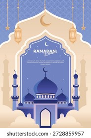 Ramadán kareem saludo con mezquita y faroles