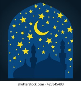 Ramadan Kareem greeting with mosque on night background. Vector sketch illustration.