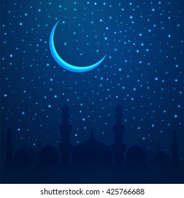 Ramadan Kareem greeting with mosque on night cityscape background. Vector illustration.