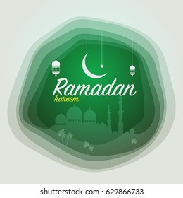 Ramadan Kareem greeting with mosque on night cityscape background. Vector illustration.