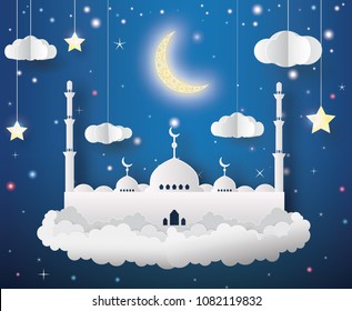 Ramadan Kareem greeting with mosque and text which means ''Ramadan kareem'' on night cloudy background. Eid Mubarak greeting Card Illustration, ramadan kareem cartoon vector. Islamic festival.