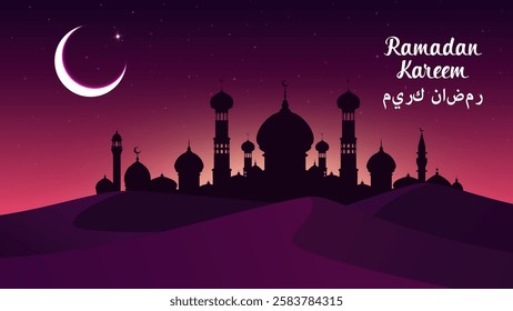 Ramadan Kareem greeting, Muslim mosque on sands and midnight sky with crescent moon, vector banner. Ramadan Kareem Islam religious holiday greeting in Arabic text with Arabian city and mosque at night