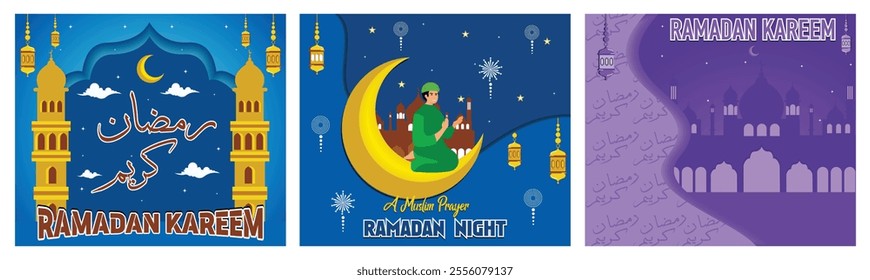 Ramadan Kareem Greeting. A Muslim Prayer on Ramadan Night. Lanterns and Mosque professionally created. Set flat vector modern illustration 