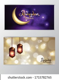 Ramadan Kareem greeting on blurred background set of cards