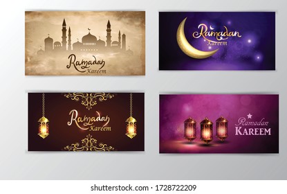 Ramadan Kareem greeting on blurred background set of cards