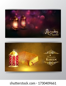 Ramadan Kareem greeting on blurred background set of cards