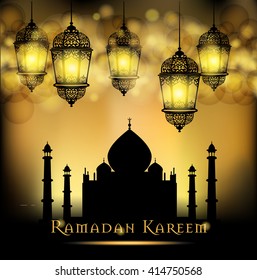 Ramadan Kareem greeting on blurred background with beautiful illuminated arabic lamp and hand drawn calligraphy lettering. Vector illustration.