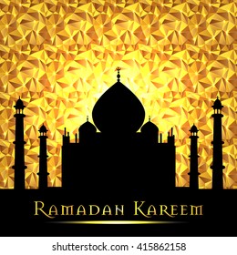 Ramadan Kareem greeting on blurred background with beautiful illuminated arabic lamp Vector illustration.