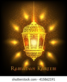 Ramadan Kareem greeting on blurred background with beautiful illuminated arabic lamp Vector illustration.