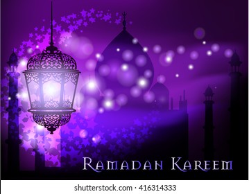 Ramadan Kareem greeting on blurred background with beautiful illuminated arabic lamp Vector illustration.