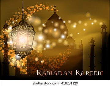 Ramadan Kareem greeting on blurred background with beautiful illuminated arabic lamp and hand drawn calligraphy lettering. Vector illustration.