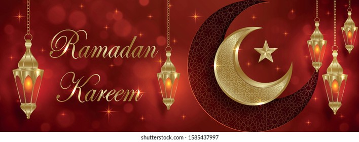 Ramadan Kareem Greeting On Islamic Background With Gold Pattern On Red Paper Color Backgroung With Facebook Cover Size (transaltion : Ramadan Kareem)
