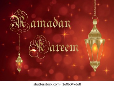 Ramadan Kareem greeting on islamic background with gold pattern on red paper color backgroung (transaltion : Ramadan Kareem)