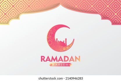 Ramadan Kareem Greeting With Pink Mosque And Moon On White And Pink Pattern Background Vector Illustration