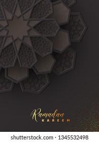 Ramadan Kareem greeting poster. 3d paper cut flowers decorated pattern in traditional islamic style. Design for greeting card, banner or poster. Vector illustration.