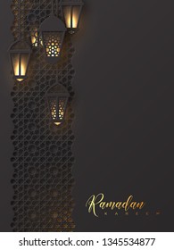 Ramadan Kareem greeting poster. 3d paper cut hanging lanterns with pattern in traditional islamic style. Design for greeting card, banner or poster. Vector illustration.