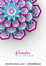 Ramadan Kareem greeting poster. 3d paper cut flowers decorated pattern in traditional islamic style. Design for greeting card, banner or poster. Vector illustration.