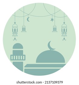 ramadan kareem greeting simple line vector with mosque. hanging lantern and crescent moon star for background