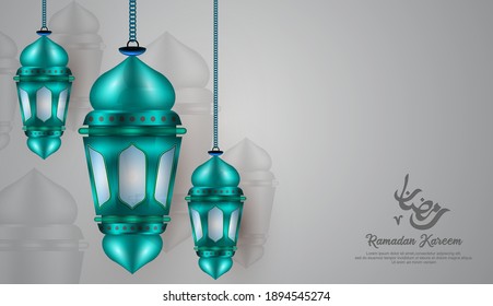 Ramadan kareem greeting template with arabic calligraphy and traditonal lantern for islamic greeting background, Arabic Text Translation: The Noble Month of Ramadan. Vector illustration