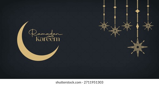 Modelo de saudação Ramadã Kareem com Lanternas Estrelas Deslocadas em Ouro Elegante e Lua Crescente em um Padrão Islâmico Azul Escuro Fundo para o Projeto de Celebração do Mês Santo