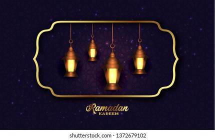 Ramadan kareem greeting template islamic crescent and arabic lantern vector illustration