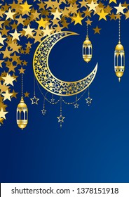 Ramadan kareem greeting template islamic crescent and arabic lantern. Vector illustration moon and stars, background