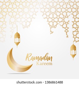 Ramadan kareem greeting template islamic crescent and arabic lantern vector illustration in gold color