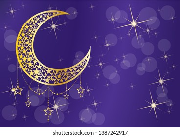 Ramadan kareem greeting template islamic crescent. Vector illustration moon and stars, background