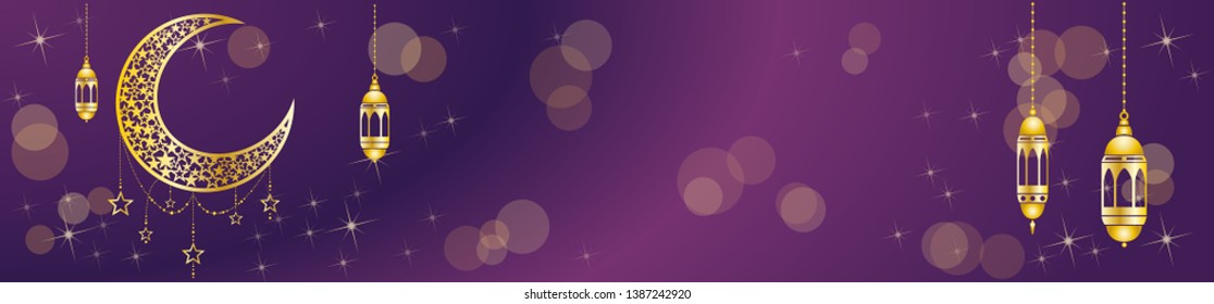Ramadan kareem greeting template islamic crescent and arabic lantern. Vector header or banner with moon and stars, background