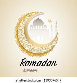 Ramadan kareem greeting template islamic crescent and arabic lantern. Vector illustration