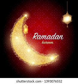 Ramadan kareem greeting template islamic crescent and arabic lantern. Vector illustration