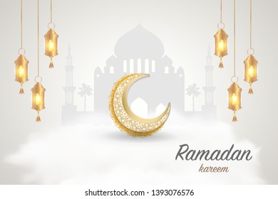 Ramadan kareem greeting template islamic crescent and arabic lantern. Vector illustration