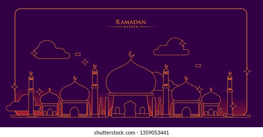 Ramadan kareem greeting template, line art design and arabic calligraphy, place for text greeting card and banner for Ramadan kareem.