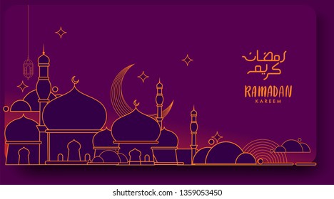 Ramadan kareem greeting template, line art design and arabic calligraphy, place for text greeting card and banner for Ramadan kareem.