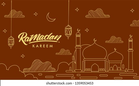 Ramadan kareem greeting template, line art design and arabic calligraphy, place for text greeting card and banner for Ramadan kareem.