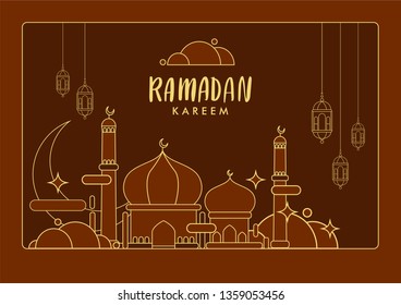 Ramadan kareem greeting template, line art design and arabic calligraphy, place for text greeting card and banner for Ramadan kareem.
