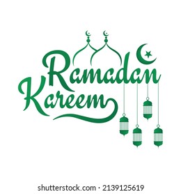 Ramadan Kareem greeting text. Ramadan Kareem calligraphy Ramadan moon, mosque, and lantern decorations