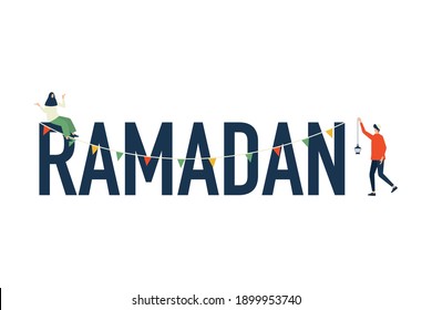 Ramadan kareem greeting text with man hold lantern and woman character